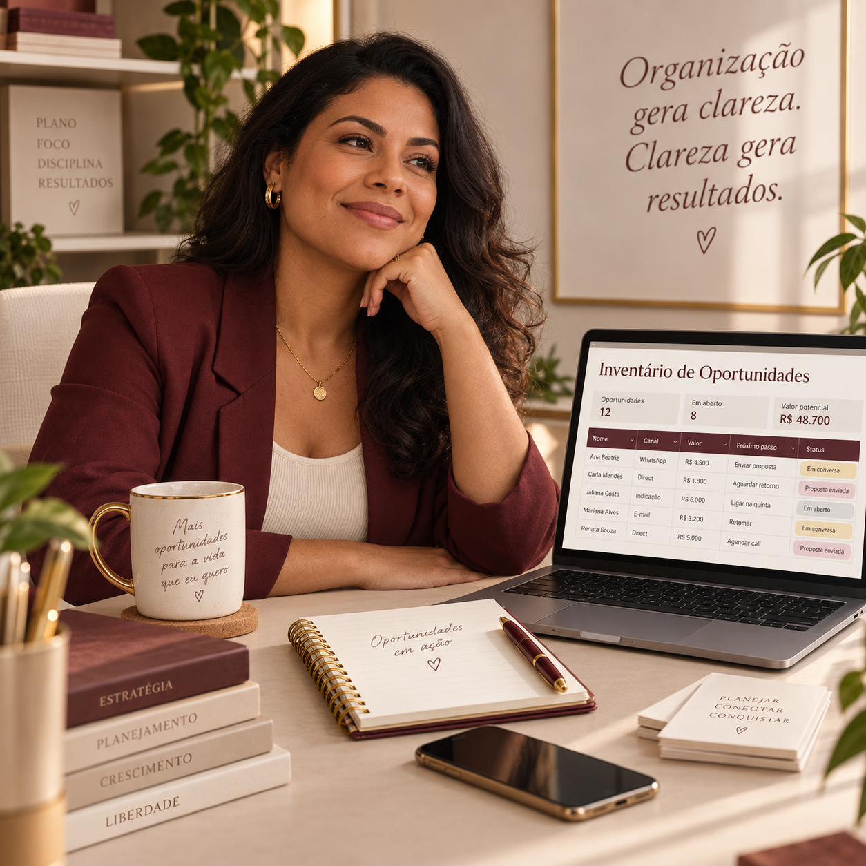 Interface do Inventário de Oportunidades em um laptop, mostrando nomes, canais, valores e status de negociações