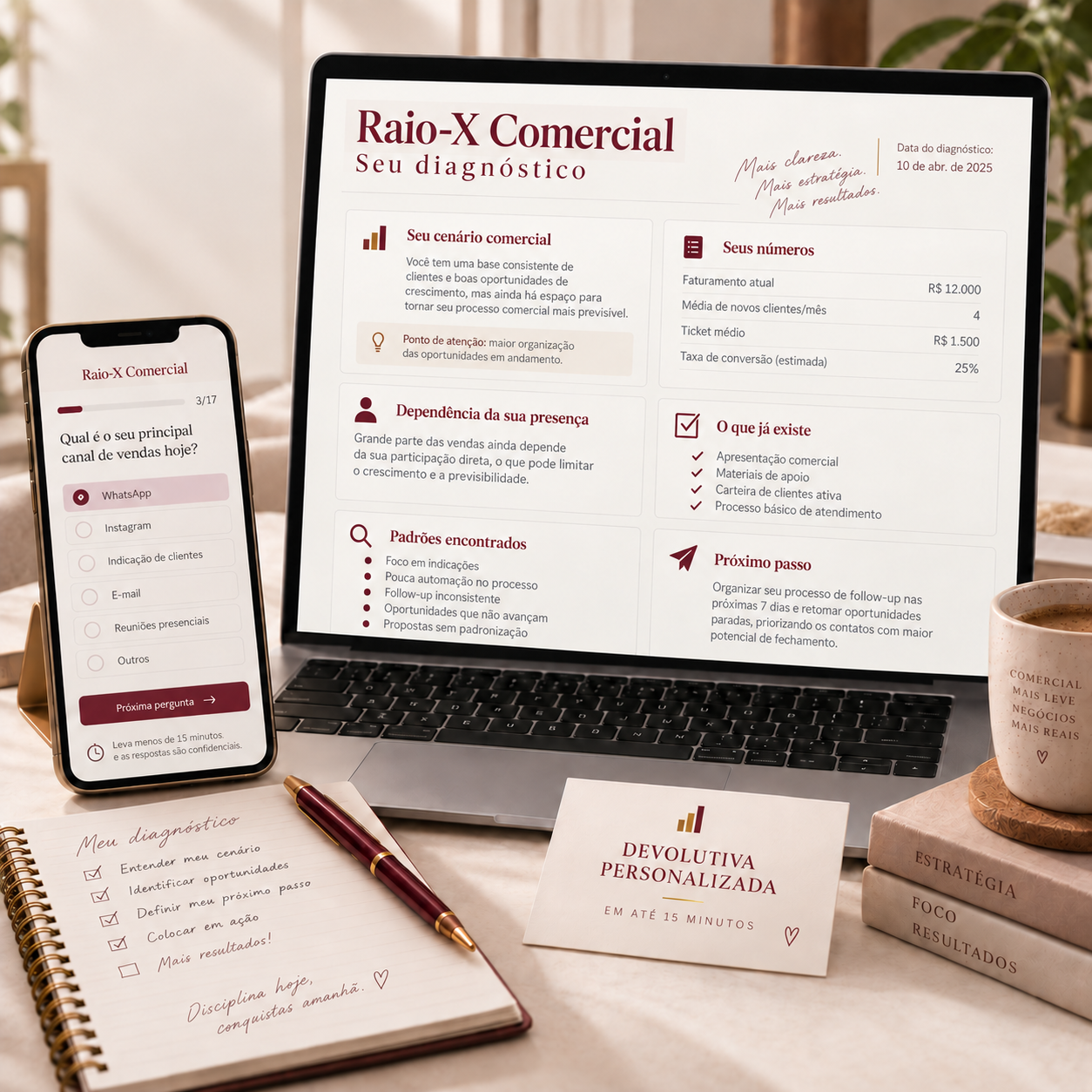 Tela do Raio-X Comercial exibindo o diagnóstico personalizado com cenário comercial, números, dependências, padrões e próximo passo