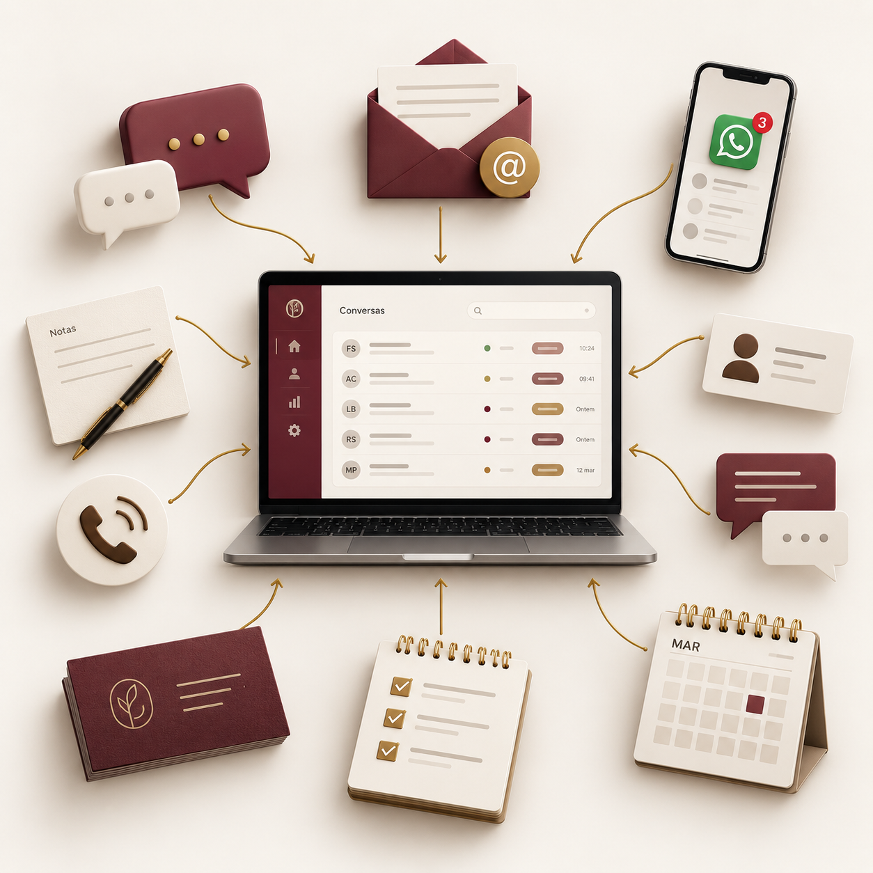 Laptop mostrando a Central, onde conversas do WhatsApp, Direct, e-mail, telefone e anotações convergem em um único registro