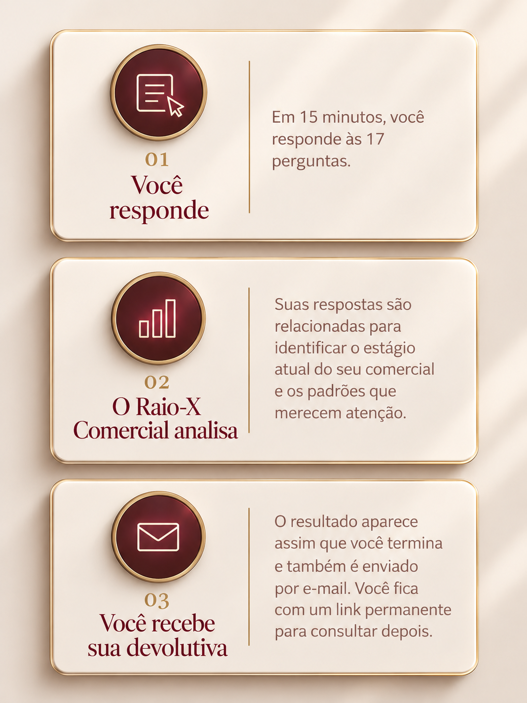 As três etapas do Raio-X Comercial: você responde, o Raio-X analisa e você recebe sua devolutiva